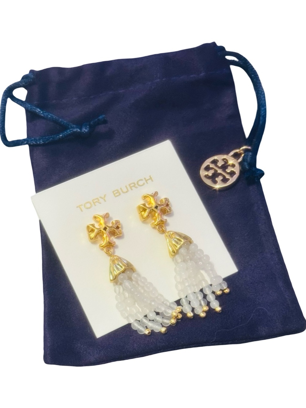 Tory Burch Gold RARE and White Beaded Tassel Drop Earrings NWT & Dustbag!
